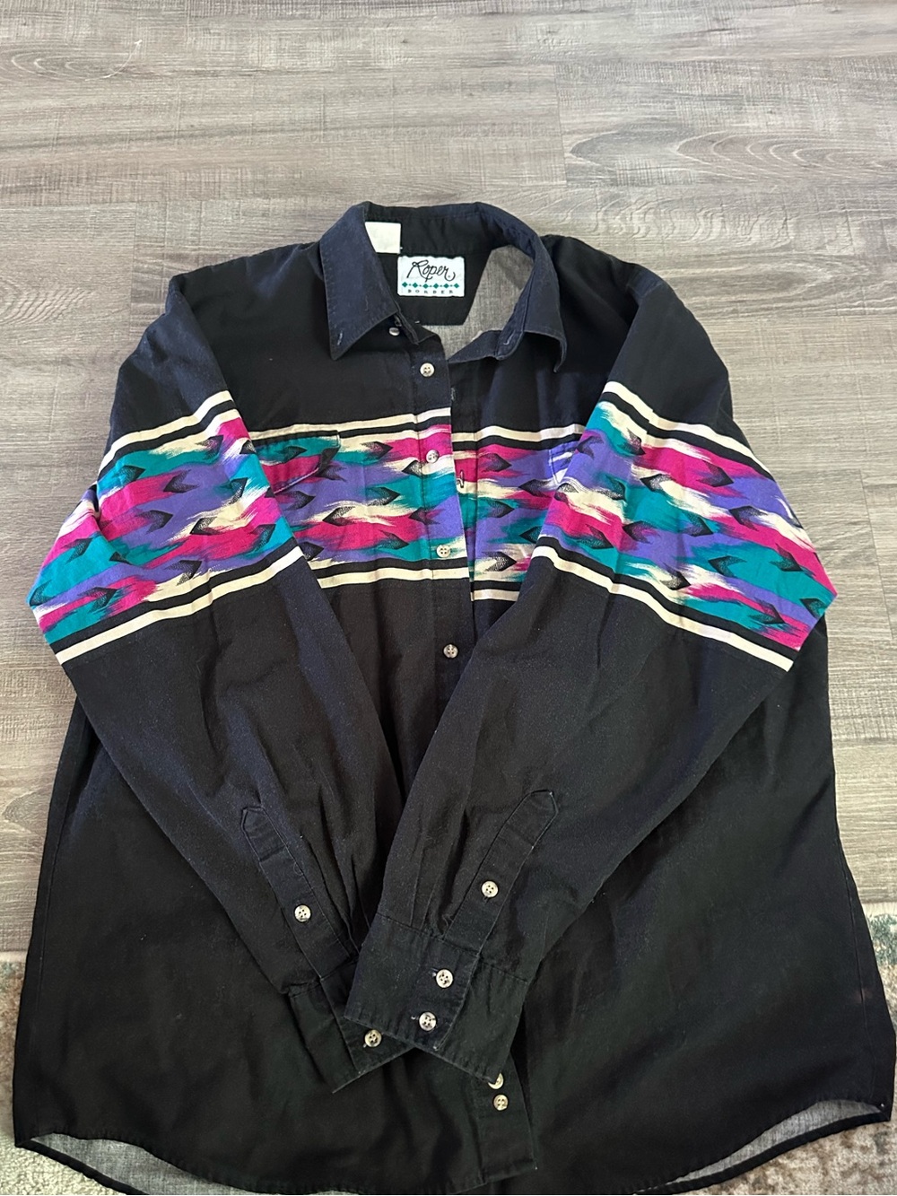 Roper Black Button-Up Shirt with Teal Diamond Trim
